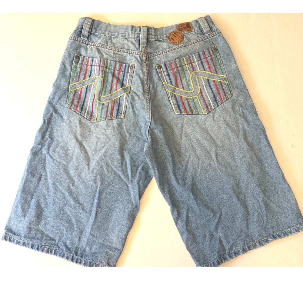 Nu Wear Mens Baggy Denim Shorts Blue Rainbow Embroidery Jorts Size 34 90s Y2K